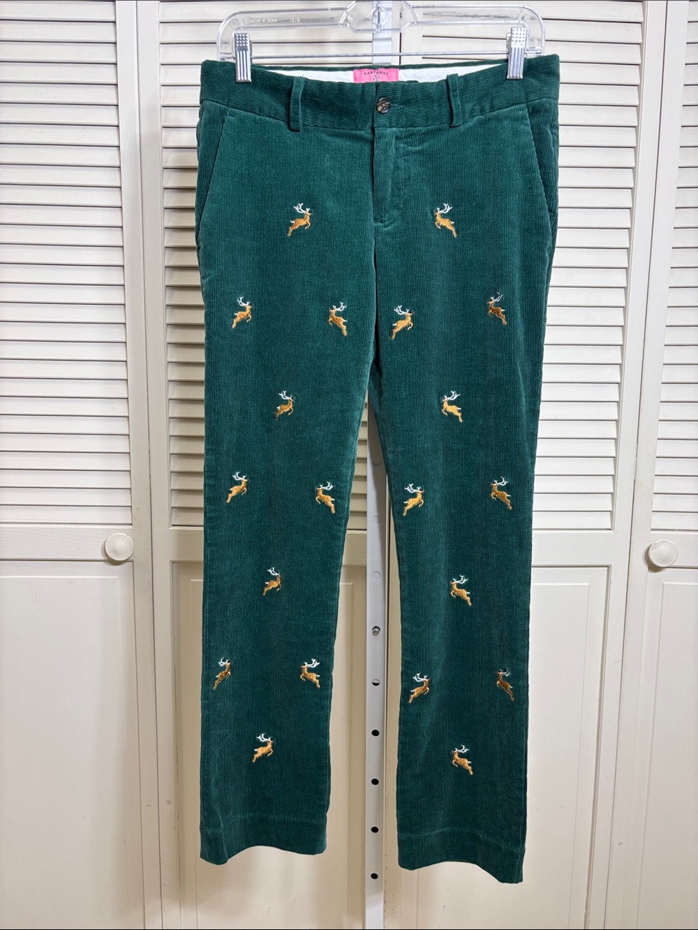 Castaway Green Corduroy Ankle Critter Pants with Embroidered Reindeer Size 4